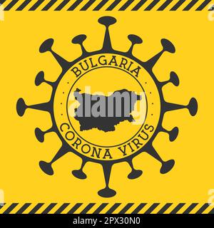 Corona-Virus in Bulgarien Zeichen. Runde Abzeichen mit Form des Virus und Bulgarien Karte. Gelbe Länderepidemie-Sperrstempel. Vektorabbildung. Stock Vektor