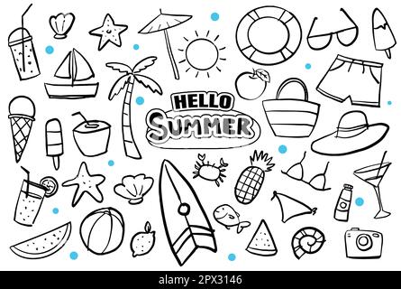 Hallo Sommer Doodle auf weißem Hintergrund. Sommer handgezeichnete Symbole und Objekte. Stock Vektor