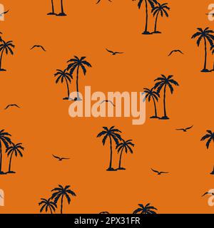 Nahtloses Palmenmuster. Vektor-tropischer Hintergrund mit Palmen- und Möwen-Silhouetten. Stock Vektor