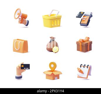 Symbolsatz für Online-Shopping. 3D Symbole. Warenkorb, Geschenkbox, Tasche, Versand oder Lieferung, Zahlung, Einkaufsliste, Karte, Rabattbonus Stock Vektor