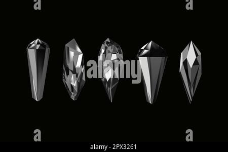 Glas glänzende Kristalle mit verschiedenen Schattierungen, die Licht reflektieren. Eine Sammlung von Bildern von schwarzen Diamanten verschiedener geometrischer Formen und Größen. Vektor realistischer Satz aus leuchtendem Edelstein oder farbenfrohem Eis. Stock Vektor