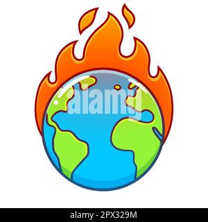 Der Cartoon-Planet Erde brennt, globale Erwärmung und Klimakrise zieht an. Umwelt und Ökologie Vektor-Clip-Art-Illustration. Stock Vektor