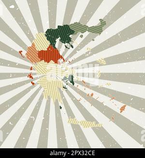 Griechenland Vintage Karte. Grunge Poster mit Landkarte in Retro-Farbpalette. Die Form Griechenlands mit Sonnenstrahlen-Hintergrund. Vektordarstellung. Stock Vektor