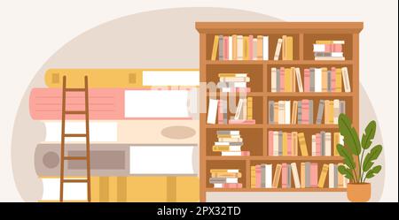 Bibliotheks- oder Buchhandenkonzept. Hölzerne Bücherregale und riesiger Bücherstapel. Wissens-, Studien- und Bildungsvektorszene. Buchtag Hintergrund Stock Vektor