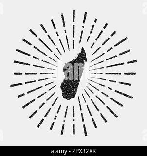 Alte Karte von Madagaskar. Grunge-Sonnenaufgang im ganzen Land. Schwarze Madagaskar-Form mit Sonnenstrahlen auf weißem Hintergrund. Vektordarstellung. Stock Vektor