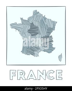 Skizzenkarte von Frankreich. Von Hand gezeichnete graue Landkarte des Landes. Gefüllte Regionen mit Hachure-Streifen. Vektorabbildung. Stock Vektor