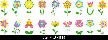 Flache Symbole mit Blumenmuster. Einfache Frühlingsblumen, isolierte abstrakte Gartenblume mit grünen Blättern Symbole. Stickereien schneiden heutzutage Vektorvorlagen Stock Vektor
