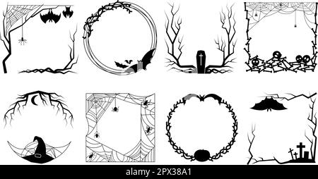 Halloween gruselige Rahmen von Knochen, Spinnennetz, Kürbissen und Baum. Fledermäuse Grenzen, gruseliger Horror, mystischer Hexenhut und Spinnen anständige Vektorelemente Stock Vektor