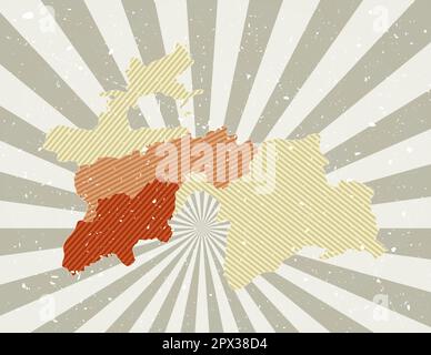 Tadschikistan-Oldtimer-Karte. Grunge Poster mit Landkarte in Retro-Farbpalette. Die Form Tadschikistans mit Sonnenstrahlen-Hintergrund. Vektorbeleuchtung Stock Vektor