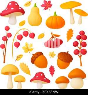 Herbstelemente 3D, Regenblätter, dekorative Naturobjekte. Pilze, realistische Eicheln, Beerenäste und Kürbisse. Ahornblatt, hauchig Stock Vektor