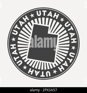 Rundes Logo von Utah. Vintage-Reiseabzeichen mit dem kreisförmigen Namen und der Karte des US-Bundesstaates, Vektordarstellung. Kann als Abzeichen, Logo, Label oder Sticker verwendet werden Stock Vektor