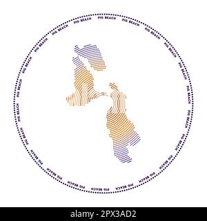 Rundes Pig Beach-Logo. Digitale Form des Pig Beach im gepunkteten Kreis mit Inselnamen. Techniksymbol der Insel mit verlaufenden Punkten. Stock Vektor