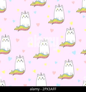 Süßes Einhorn-Muster mit Regenbogenkatze. Vektorhintergrund für Kinderdesign. Stock Vektor
