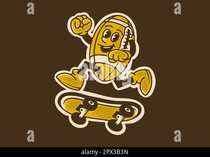 Klassisches Maskottchen-Design des american Football-Balls, der auf Skateboard springt Stock Vektor