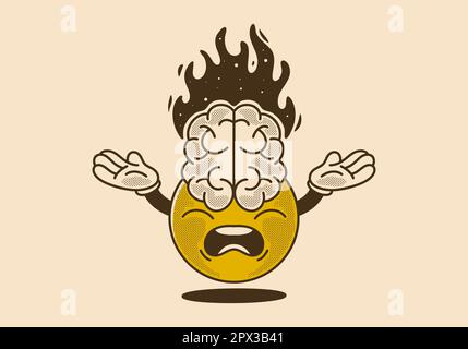 Klassisches Maskottchen-Design mit Kugelkopf, großem Gehirn und Feuerflamme Stock Vektor