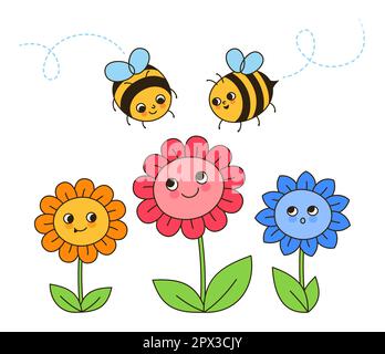Bienenhonigcharaktere und Blumen als Retro-Cartoon. Comics Kinder Honigbienen Insektenfiguren mit lustigen Gesichtsbildern. Süßes Kind, handgezeichnet, Sommer-Comic, mit Smiley gestreifte Bienen, Doodle-Design-Vektor Stock Vektor