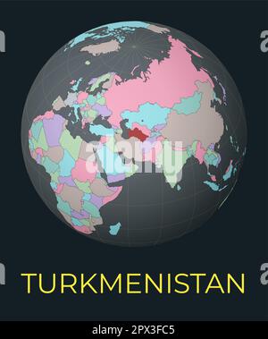Weltkarte mit Schwerpunkt Turkmenistan. Rotes Land hervorgehoben. Satellitenansicht der Welt mit dem Namen des Landes. Vektorabbildung. Stock Vektor