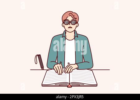 Der Blinde liest Braille-Bücher, indem er Finger mit dreidimensionalen Buchstaben berührt, um Wissen zu erlangen. Der Blinde mit Blindenschrift lernt sich selbst aus und lernt neue Literatur Stock Vektor