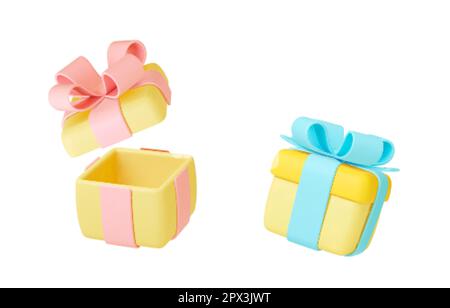 3D Geschenkboxen mit Schleifen öffnen und schließen. Weihnachtsgeschenke, Einzelgeschenke bringen Elemente. Leere Vektorvorlage für Konstruktion Stock Vektor
