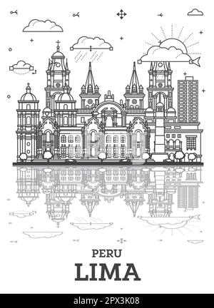 Umreißen Sie die Skyline von Lima Peru mit historischen Gebäuden und Reflexionen, isoliert auf Weiß. Vektordarstellung. Lima Stadtbild mit Wahrzeichen. Stock Vektor