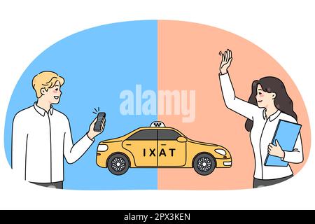 Verschiedene Leute bestellen Taxis auf verschiedene Weise. Mann ruft Taxi über Handy-App, Frau nimmt Auto auf der Straße. Privates Transportkonzept. Stadtverkehr. Flache Vektorgrafik. Stock Vektor