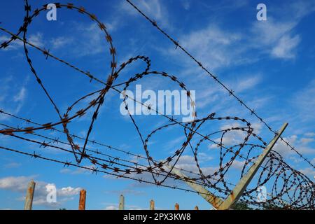 Stacheldraht am blauen Himmel. Stacheldraht ist ein Draht oder ein schmaler Metallstreifen mit scharfen Spitzen. Vorrichtung der Barrieren. Das Konzept der Freiheit, Prot Stockfoto