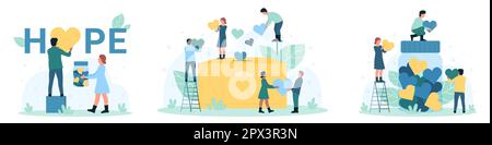 Wohltätigkeitsdienste legen Vektorbilder fest. Zeichentrickfilme, winzige Menschen, die Herzen in Spendenboxen und Glasgläser werfen, in der Nähe von Hope Word, spenden finanzielle Spenden an die Bank einer gemeinnützigen Organisation Stock Vektor