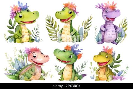 Aquarellfarben Darstellung eines süßen Krokodils isoliert auf weißem Hintergrund Stock Vektor