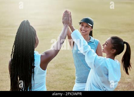 Zeigen wir ihnen, woraus sie gemacht sind. Eine Gruppe junger Frauen, die sich einen High Five teilen, während sie Tennis spielen Stockfoto