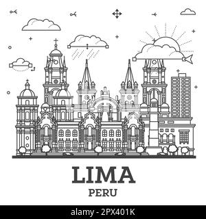 Skizzieren Sie die Skyline von Lima Peru mit modernen und historischen Gebäuden, die auf Weiß isoliert sind. Vektorgrafik. Stadtbild von Lima mit Wahrzeichen. Stock Vektor