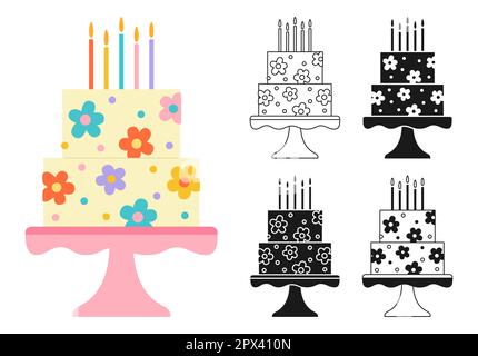 Geburtstagskuchen dekorierte Blume, Dessert-Cartoon-Symbol zur Feier, Stempel, Line-Doodle-Design-Set. Party leckere Cupcake süße Backwaren Kollektion. Weihnachtskuchen Dekoration leckeres Gebäck Schild Vektor Stock Vektor