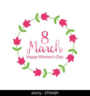 Textdesign mit Blumen und Herzen auf quadratischem Hintergrund. Vektordarstellung. Begrüßung zum Frauentag in blauer Kalligrafie. Tem Stock Vektor