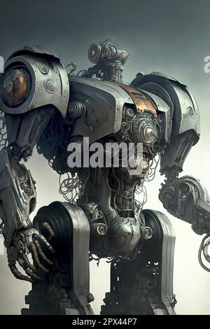 Cyberpunk Kunst eines großen Roboters im postapokalyptischen Hintergrund Stockfoto