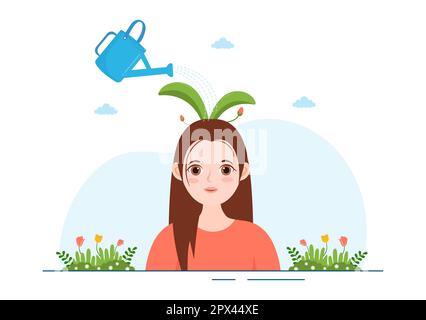 Persönliche Entwicklung mit Menschen, die mentale Probleme, Wachstum und Selbstverbesserung entwickeln, wie eine Anlage in flachem Cartoon handgezeichnete Vorlagen Illustration Stockfoto