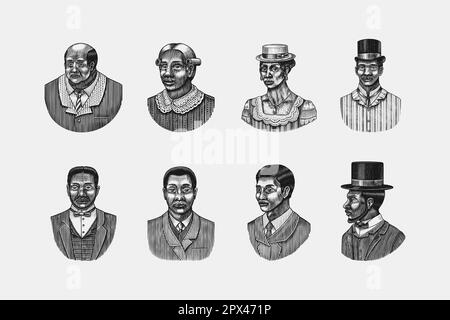 Eleganter Mann. Männliches Gesicht. afroamerikanische Herren. Viktorianische Zeit. Mode und Kleidung. Geschäftsmann im Anzug. Handgezeichnet Alte Skizze. Vintage graviert Stock Vektor