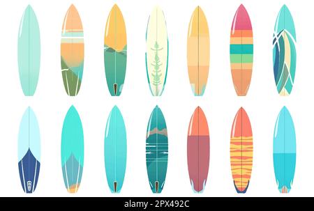 ui-Set Vektordarstellung eines farbenfrohen Surfbretts, bereit für Strandurlaub isoliert auf weißem Hintergrund Stock Vektor