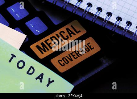 Inspiration mit Zeichen Medical Coverage, Wort für Aufnahme in den Geltungsbereich einer Versicherungspolice oder medizinischen Schutzplan Stockfoto