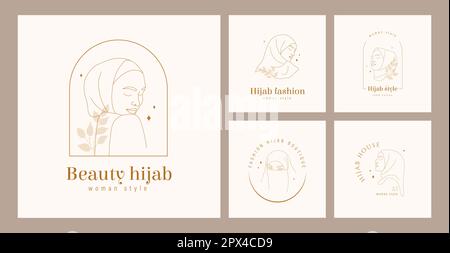Logos für Hijab Store. Lineare weibliche Porträts mit geschlossenen Augen. Vektordarstellung in einem Linienstil. Arabierin-Frauenkleidung-Laden Stock Vektor
