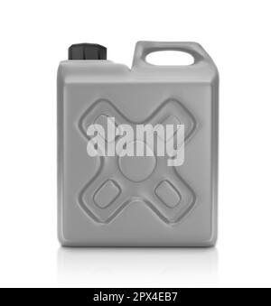 Leere Verpackung graue Plastikgallone isoliert auf weißem Hintergrund. 3D-Rendern Stockfoto