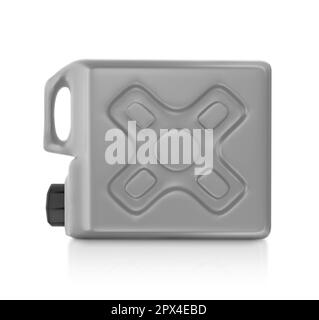Leere Verpackung graue Plastikgallone isoliert auf weißem Hintergrund. 3D-Rendern Stockfoto