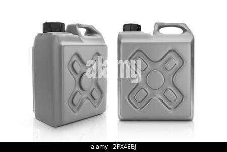 Leere Verpackung graue Plastikgallone isoliert auf weißem Hintergrund. 3D-Rendern Stockfoto