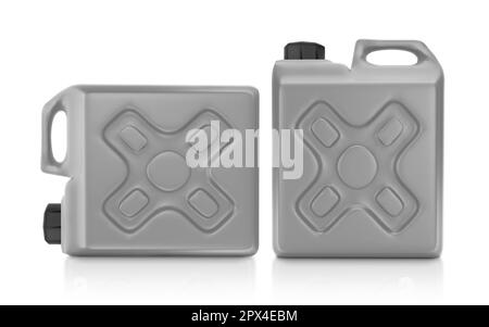 Leere Verpackung graue Plastikgallone isoliert auf weißem Hintergrund. 3D-Rendern Stockfoto