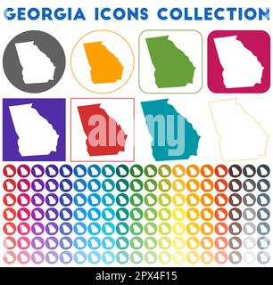 Georgia Icons Kollektion. Bunte, trendige Kartensymbole. Modernes Georgia-Abzeichen mit US-Bundeslandkarte. Vektorabbildung. Stock Vektor