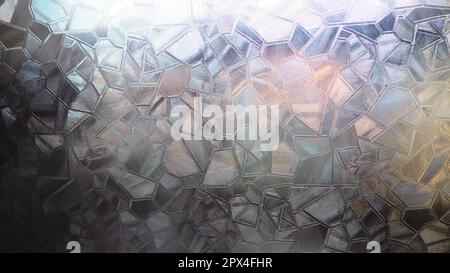 Geriffeltes Glas mit Hintergrundbeleuchtung. Wunderschöne mehrfarbige Lichtbrechung. Abstrakter Hintergrund. Selbstklebende Folie. Gerippte Glasoberfläche. Geprägtes Glas Stockfoto