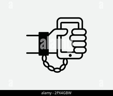 Telefon Suchkette Halten Smartphone Gadget Technologie Problem Sklaverei Anbindung Schwarz-Weiß-Symbol Zeichen-Symbol Vektor Bildmaterial Clipart Illustration Stock Vektor