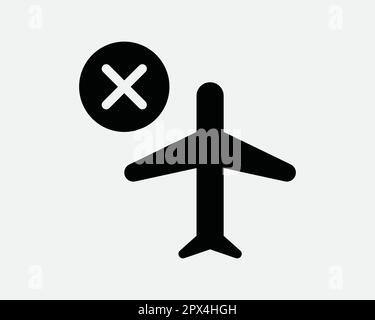 Flug storniert Flugzeug Schwarz-Weiß-Symbol. Flugzeugfehler Problem Signalvektor. Flugzeugflughafen Schließen Symbol Illustration Kunstwerke. Flugzeugkrümmer Stock Vektor