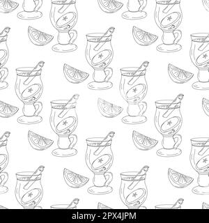 Nahtloses Muster eines Glasbechers mit Glühwein, Zitronen- und Apfelscheiben und Zimtstäbchen. Zeichnungselemente für Freihandkonturen. Glühwein-Tag. Alles gute zum Weintag. Isolieren. Design für Verpackung oder Etikett. Stock Vektor