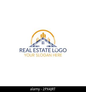 Real Estate Community Logo mit Gebäude Haus und Sonnenvektor Stock Vektor