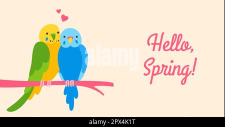 Ein Zeichentrickbanner mit tropischem Papagei. Exotisches Frühjahrsposter, Postkarte, Hintergrundvorlage mit niedlichem hawaiianischen Vogel im Dschungel. Von Hand gezeichnete Papageien Einladungsflyer, Karte, Postkartenmodell, Werbebild Stock Vektor