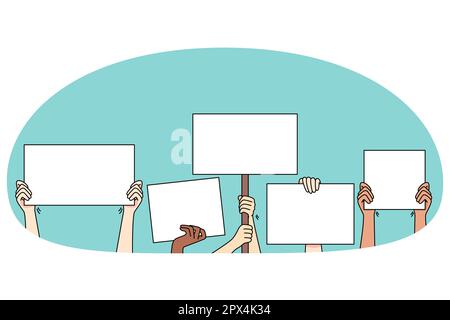 Hand von Menschen mit Spruchbändern für Protest oder Demonstration. Aktivisten mit Zeichen kämpfen für Gleichheit und Freiheit. Leeren Kopierbereich mockup. Demonstranten auf den Straßen. Vektorgrafik. Stock Vektor